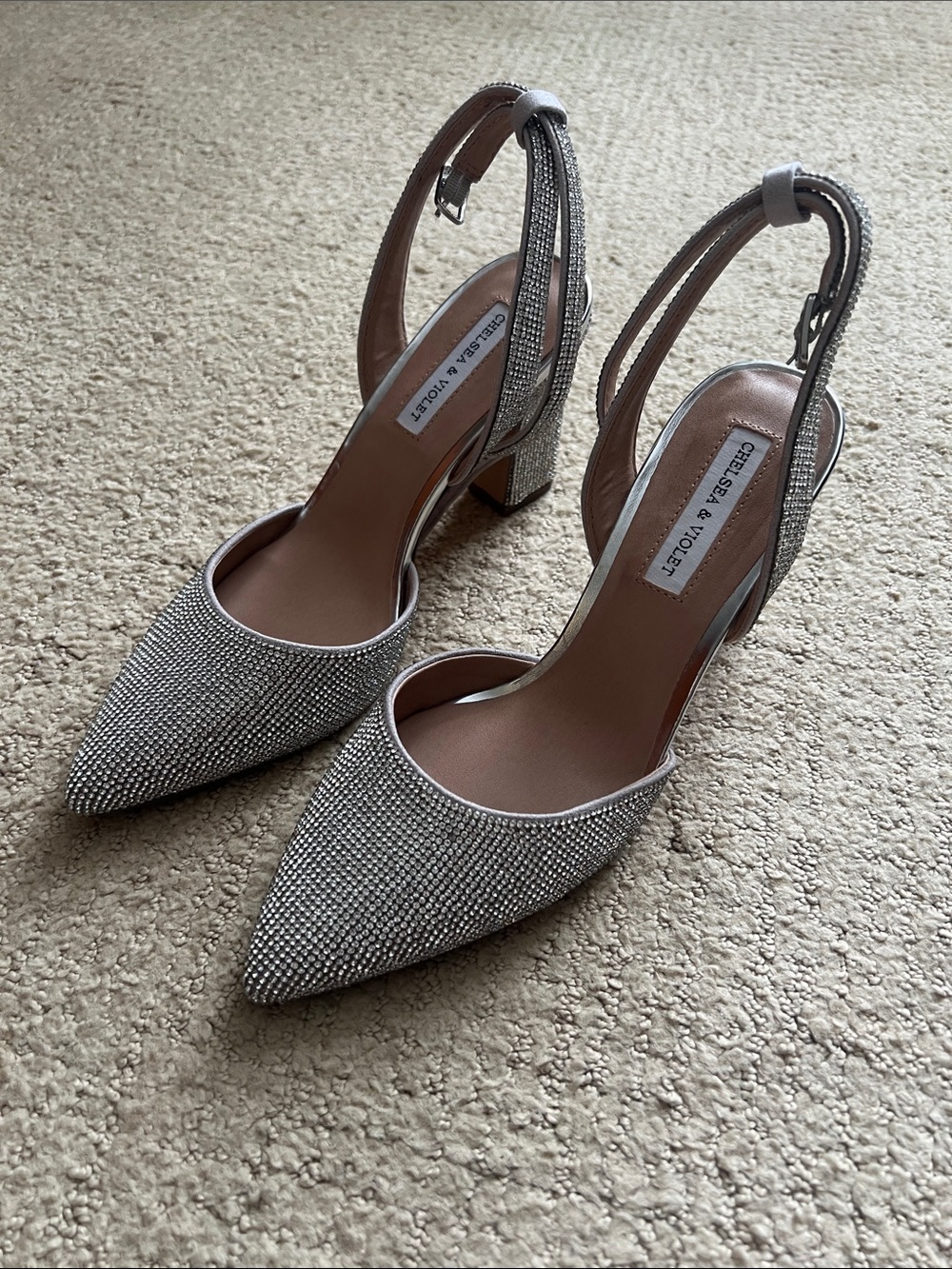 Chelsea & Violet Crystal-Embellished Silver Slingback Pumps